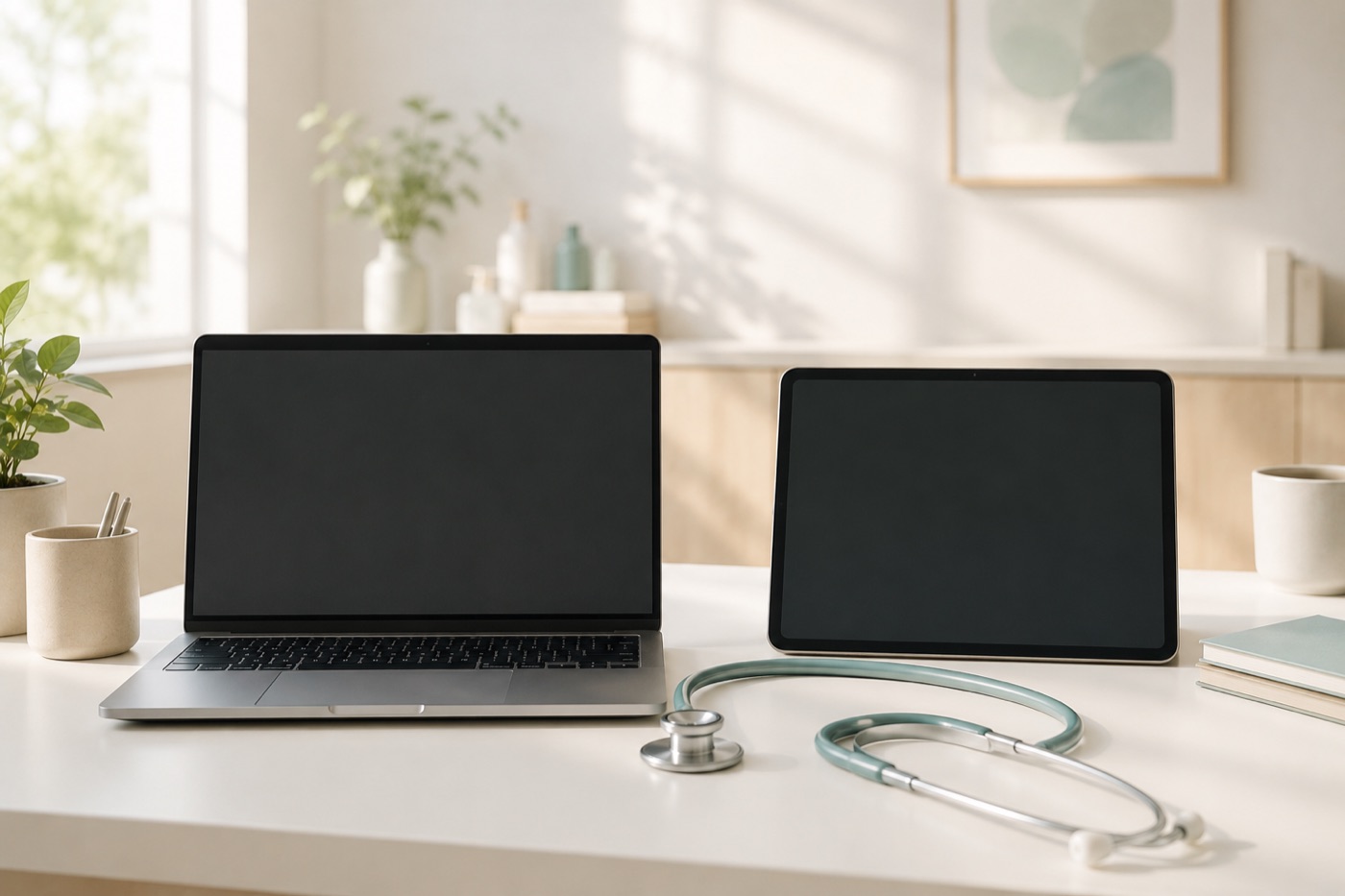 Notebook a tablet vedle sebe na bílém stole, mezi nimi položený fonendoskop